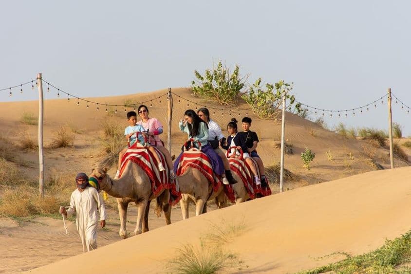 Turistas andando de camelo no deserto.