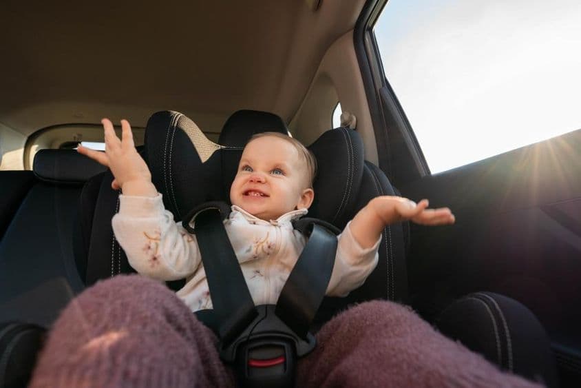 Bebê feliz batendo palmas em uma cadeirinha durante uma viagem em família.