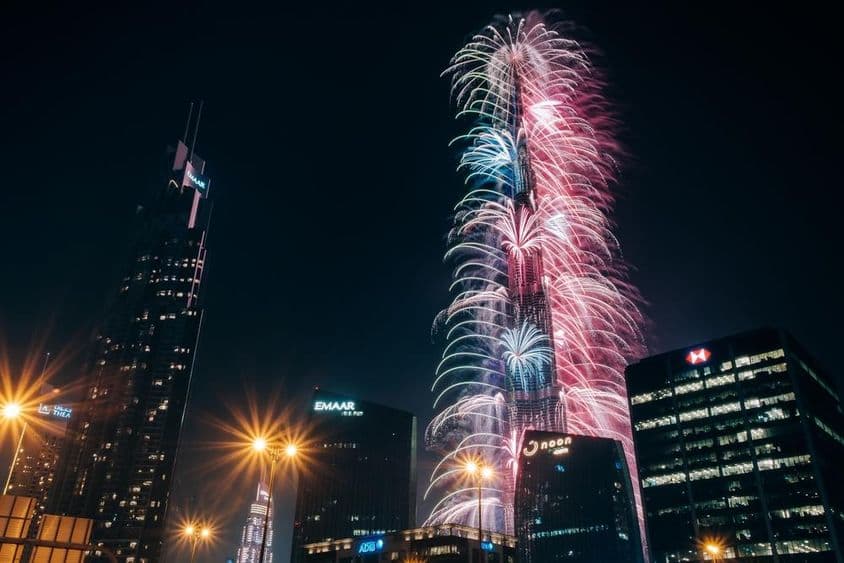 Espetaculares fogos de artifício de Ano Novo no Burj Khalifa, o prédio mais alto do mundo.