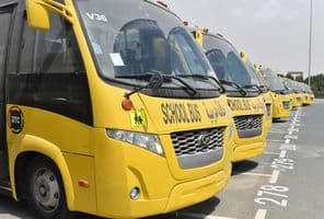 Vários ônibus escolares amarelos alinhados em um estacionamento em Dubai.