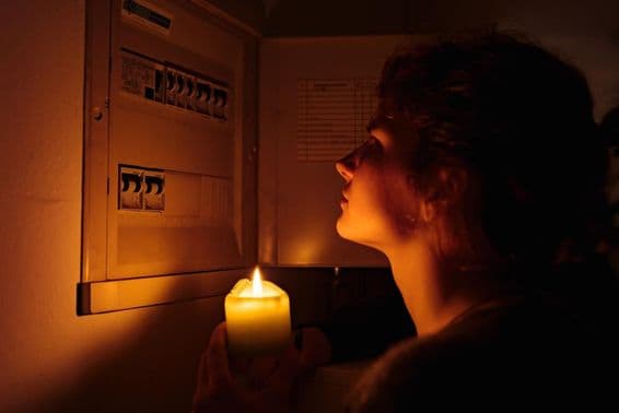 Jovem mulher examina caixa de fusíveis em casa completamente escura com velas.