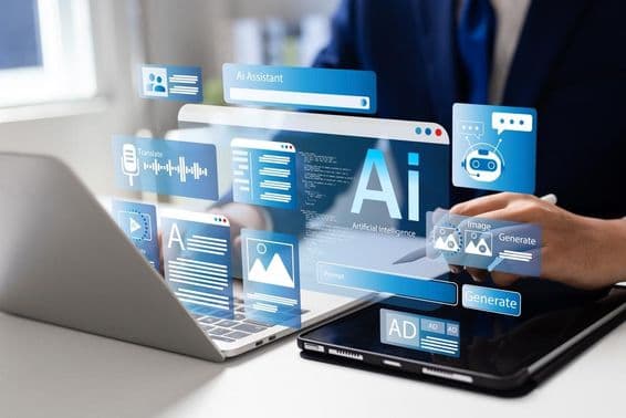 Homem usando laptop para acessar ferramentas de inteligência artificial.