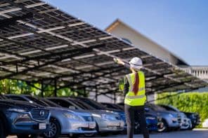 Painéis solares fornecendo sombra e energia sustentável.