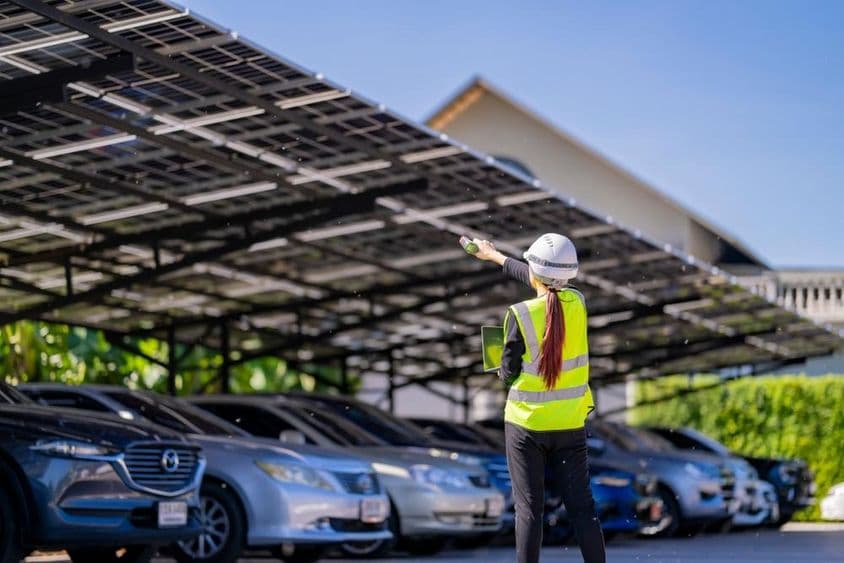 Painéis solares fornecendo sombra e energia sustentável.