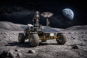 Um rover lunar com a Terra ao fundo.