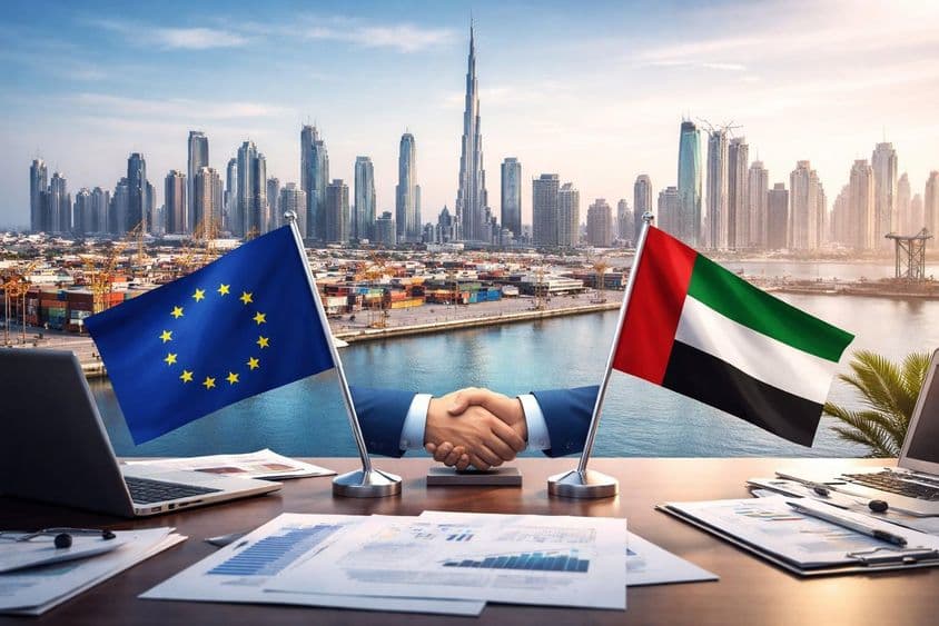 Aperto de mãos entre UE e Emirados em porto de Dubai: início de nova era comercial.