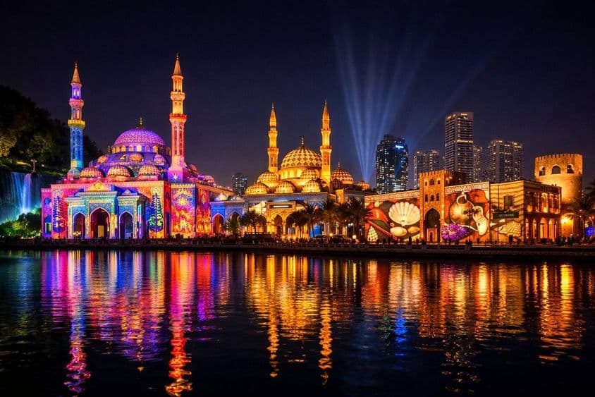 Edifícios de Sharjah banhados em luz.