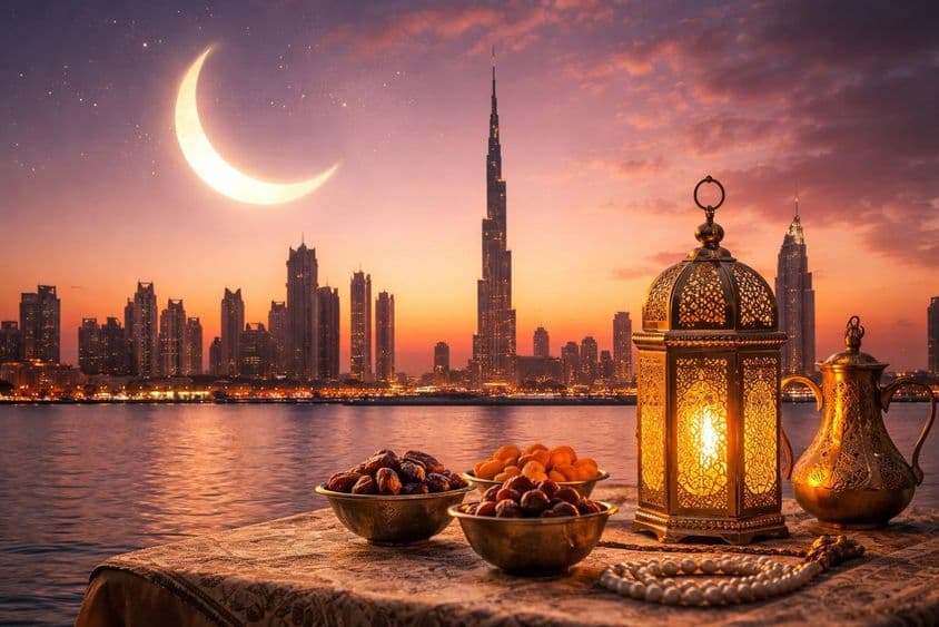 Pôr do sol do Ramadã atrás do horizonte de Dubai.