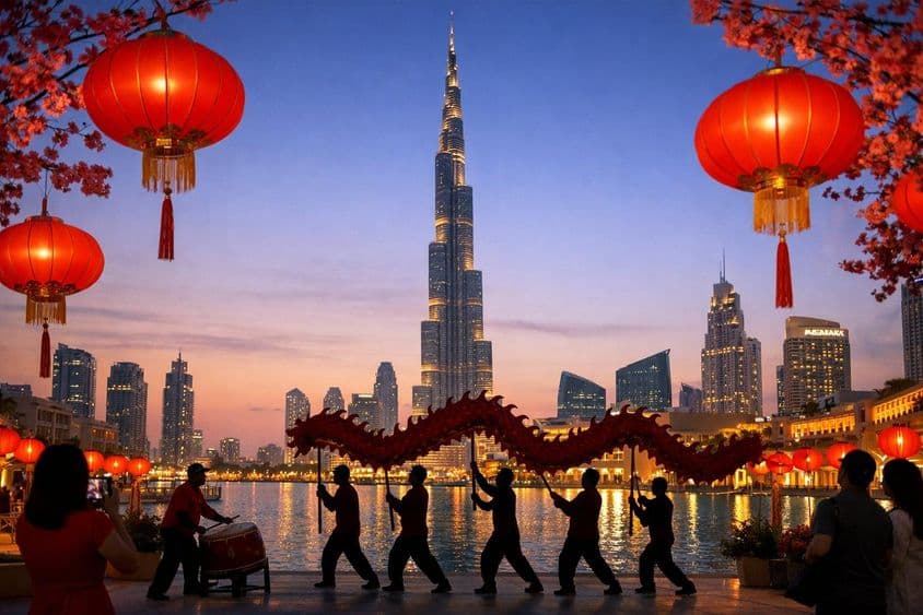 Luzes do Ano Novo Chinês entre os arranha-céus de Dubai.