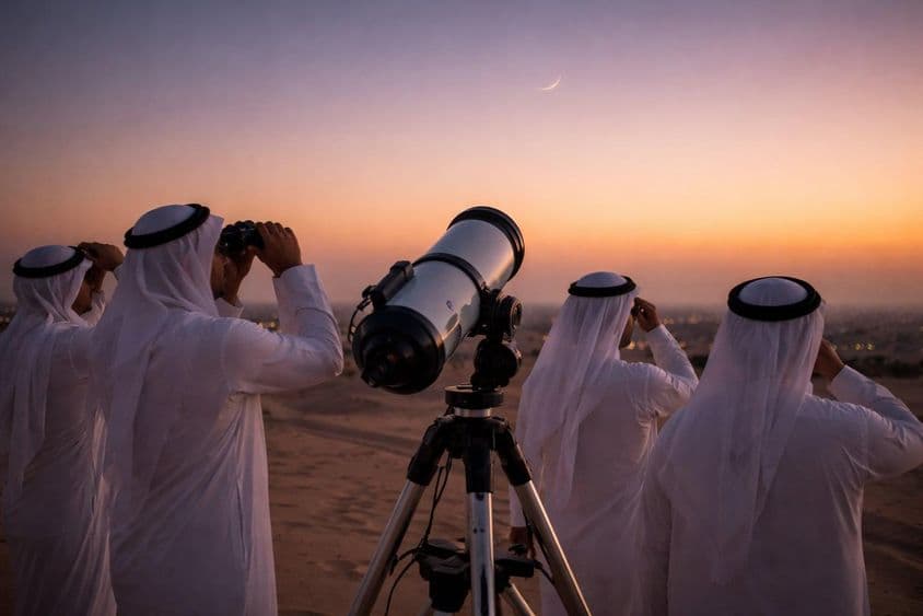 Observando a lua crescente do Ramadã no céu noturno.