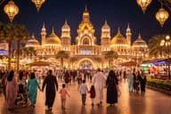 Atmosfera noturna de família durante o Ramadan na Global Village de Dubai.