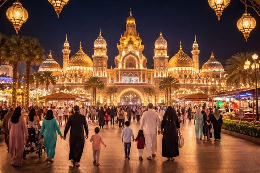 Atmosfera noturna de família durante o Ramadan na Global Village de Dubai.
