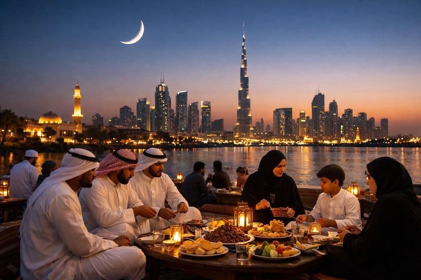 Noite de Iftar do Ramadã com o horizonte de Dubai.