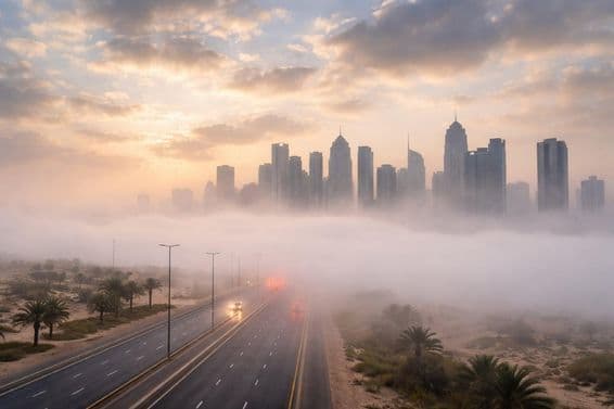 Dubai coberta por névoa ao amanhecer
