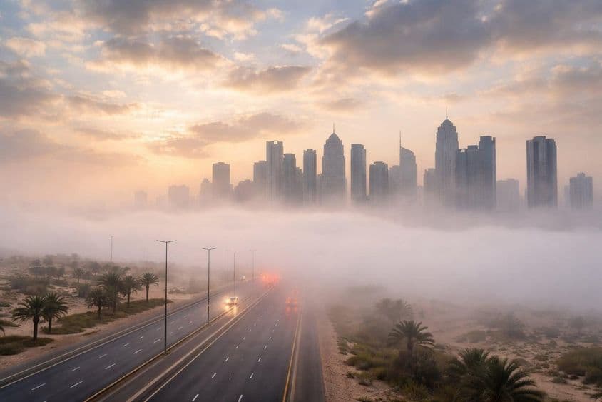 Dubai coberta por névoa ao amanhecer