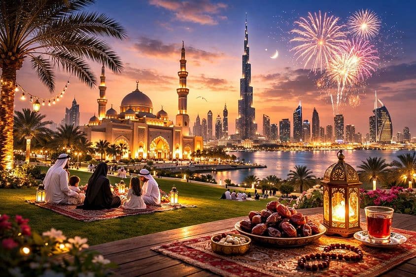 Celebração de Eid com horizonte de Dubai