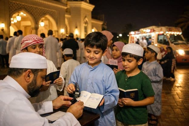 Carimbos de Ramadan em passaportes infantis