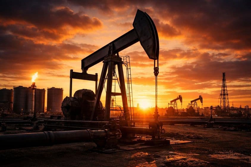 Campo de petróleo ao pôr do sol nos EUA