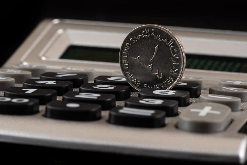 Moeda de 1 dirham dos Emirados Árabes Unidos e calculadora