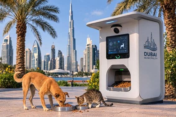 Estação de alimentação com IA para animais de rua