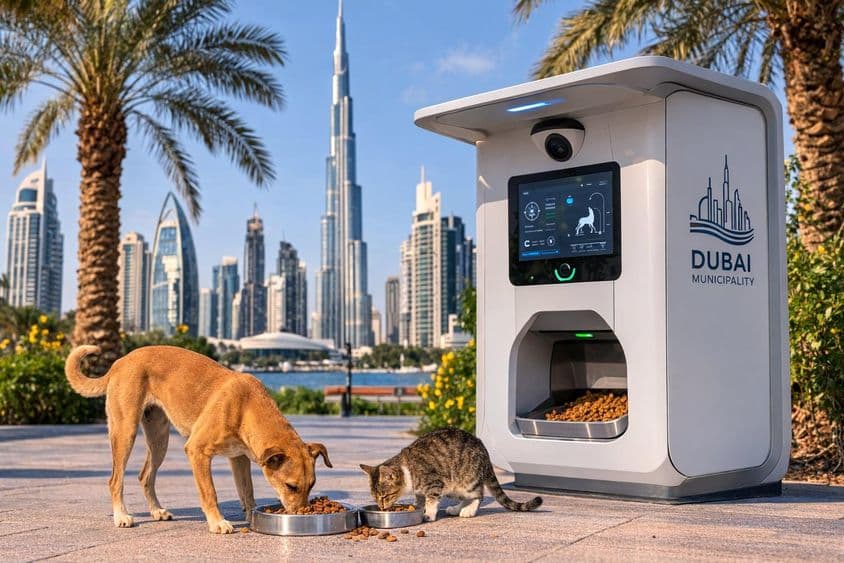 Estação de alimentação com IA para animais de rua