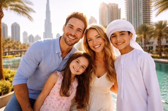 Família em frente ao horizonte de Dubai
