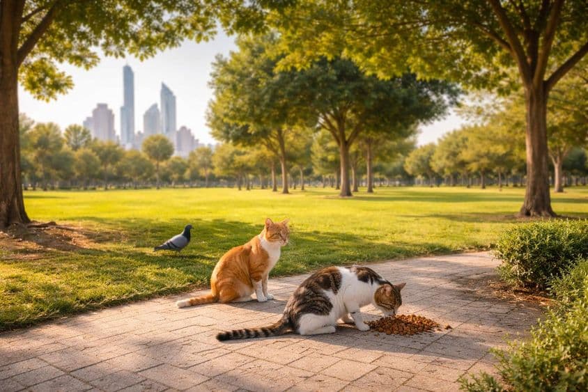 Gatos de rua comendo em um parque