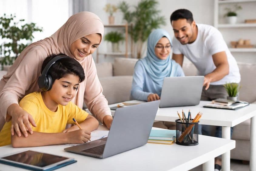 Família aprendendo online em casa