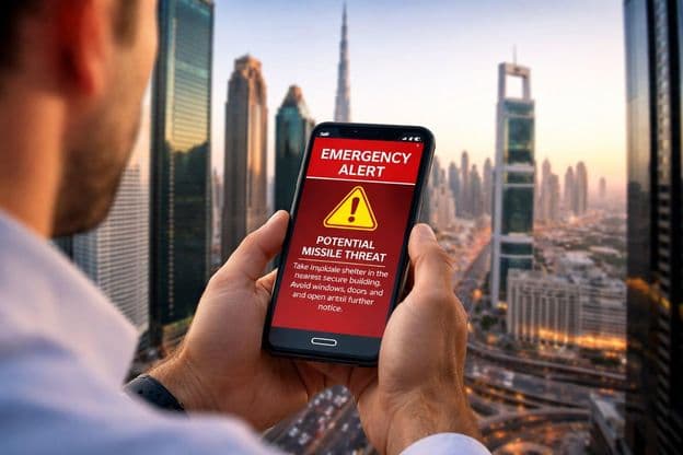 Alerta móvel com Dubai ao fundo