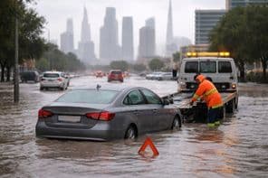 Carro em rua alagada em Dubai