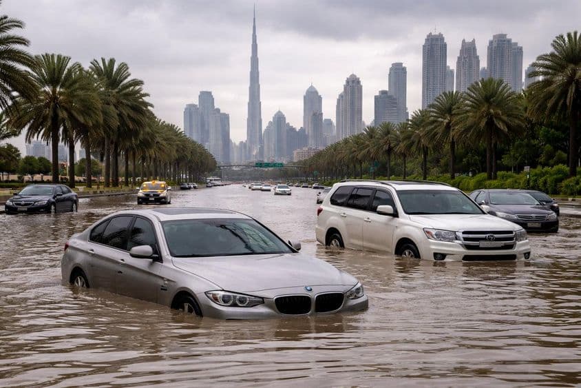 Carros alagados nas ruas de Dubai