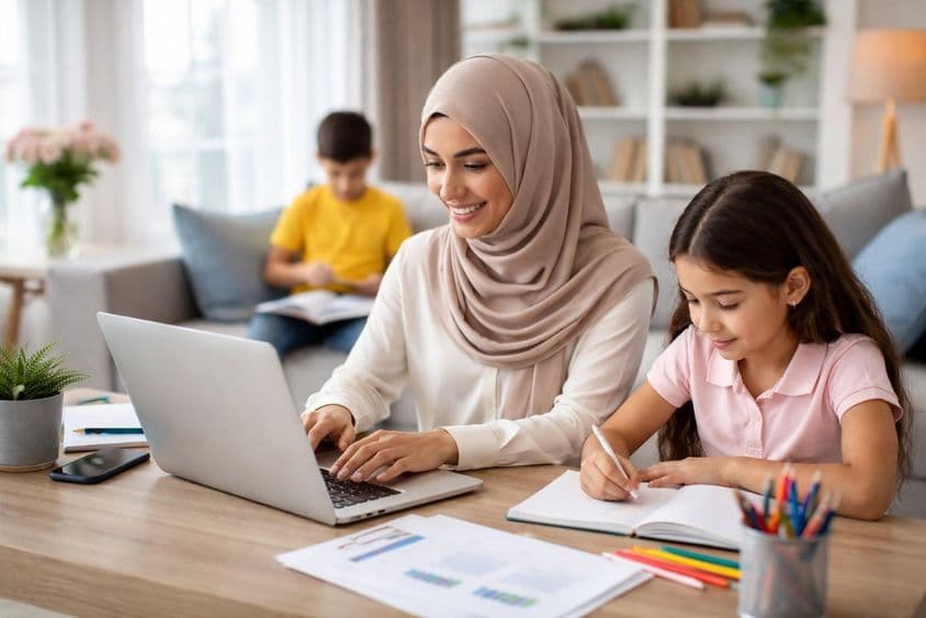 Trabalho em casa com a família reunida