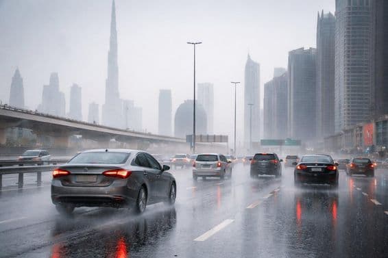 Frenagem sob chuva nas estradas de Dubai