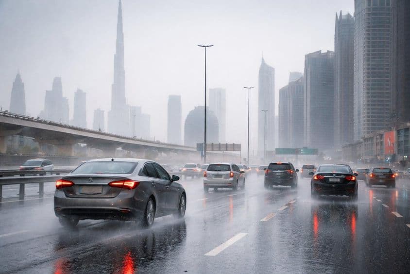 Frenagem sob chuva nas estradas de Dubai