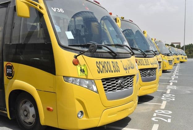 Vários ônibus escolares amarelos alinhados em um estacionamento de Dubai