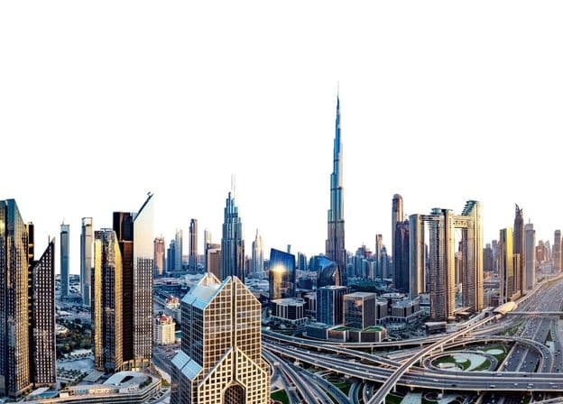 Horizonte de Dubai com Burj Khalifa