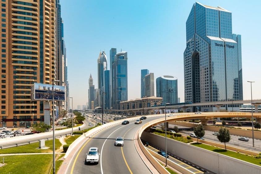Vista da Sheikh Zayed Road com arranha-céus.