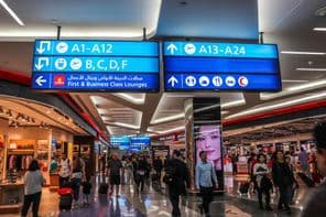 Passageiros caminhando em direção aos portões de embarque no Aeroporto Internacional de Dubai